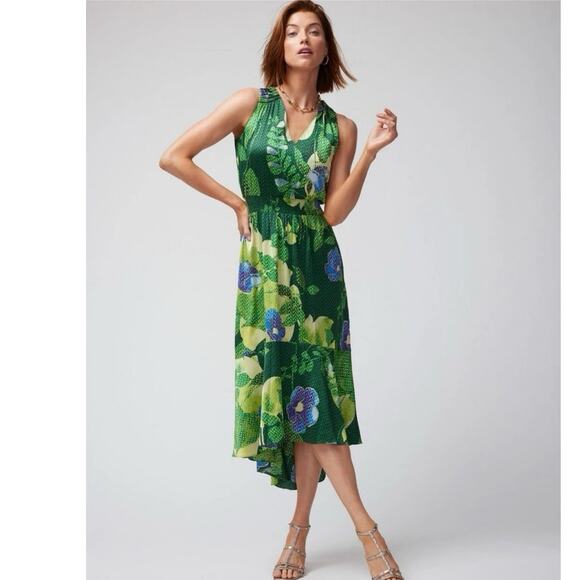 White House Black Market Dresses & Skirts - White House Black Market WHBM Green Satin Floral Hi Lo Maxi Dress Sz 4